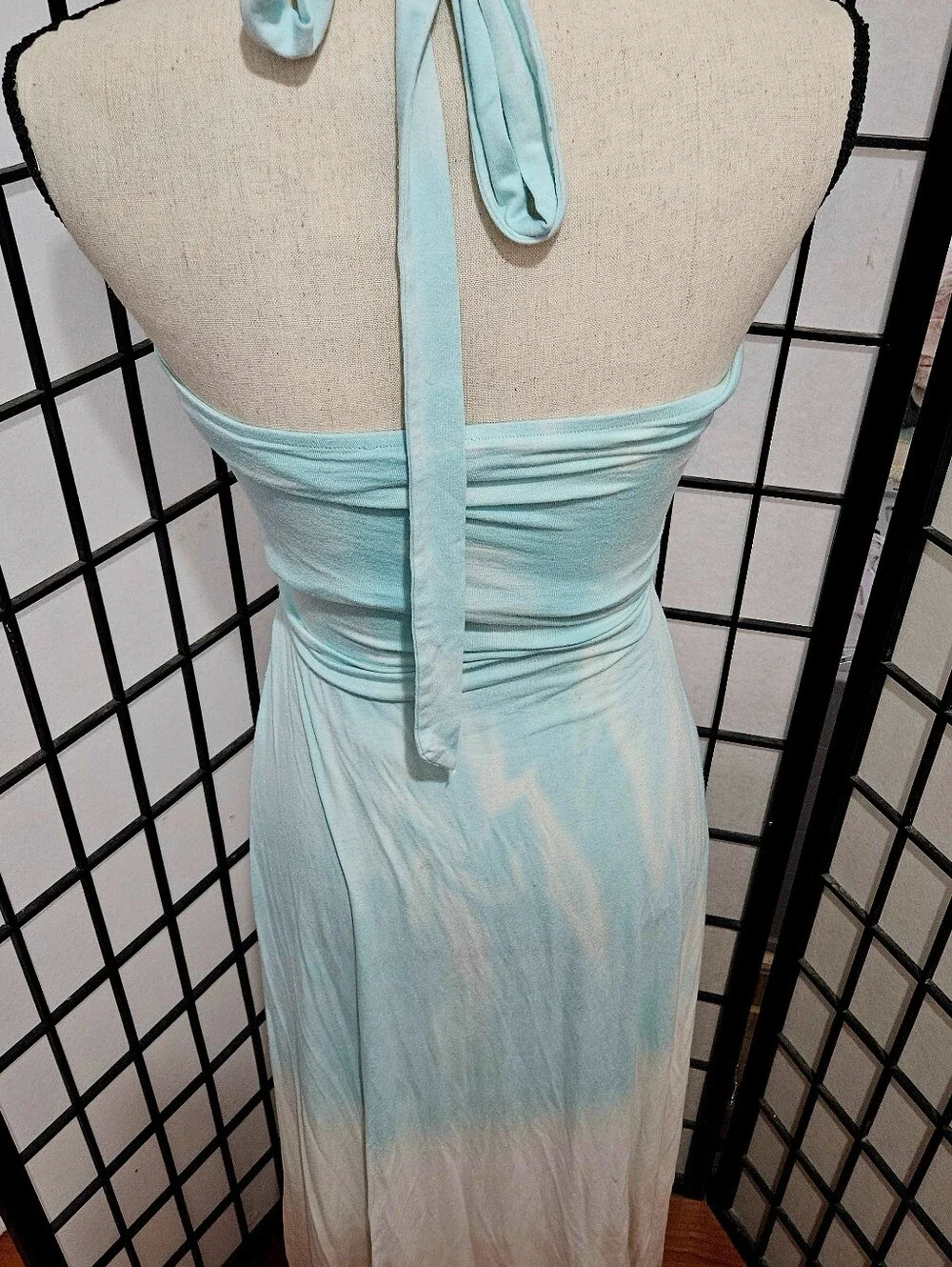 Sky Size Small Teal Ombre Tie-Dye Jersey Braided Halter Maxi Dress - Picture 5 of 6